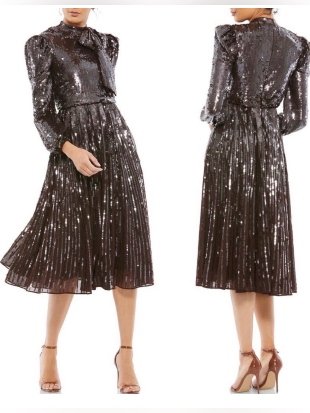 Mac Duggal Sequins Brown Midi Dress Elastic Waist New